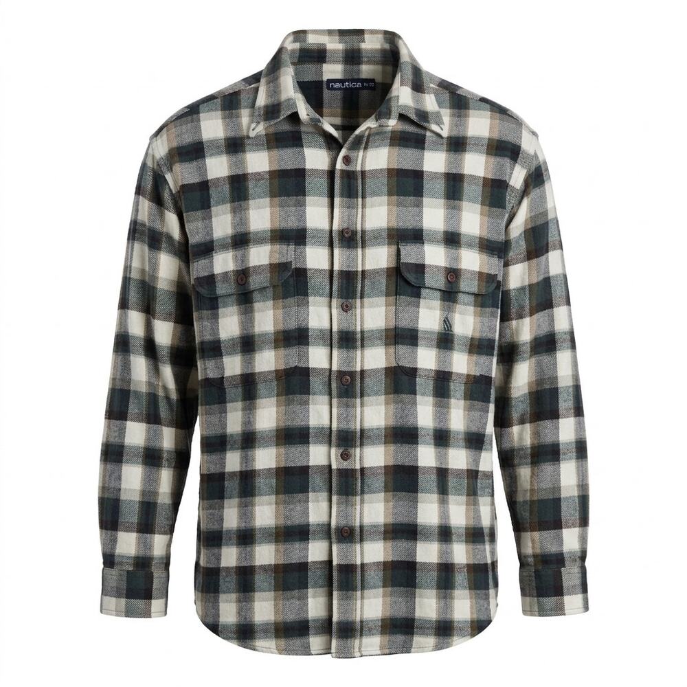 Nautica Black Pocket White Plaid Flannel Button-Up Shirt Men Size XL